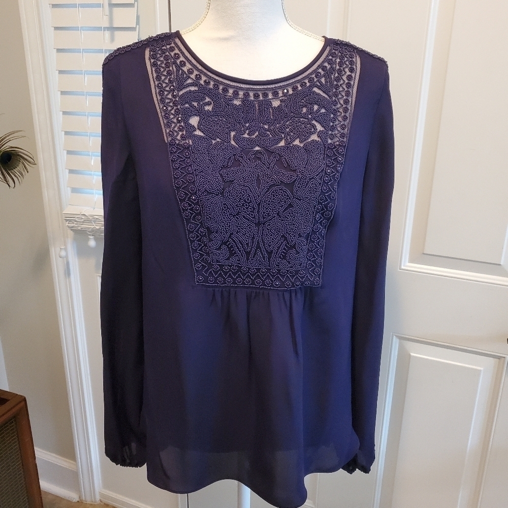 Elie Tahari Franca Silk Blouse Womens Small Beaded Deep Amethyst Long Sleeve